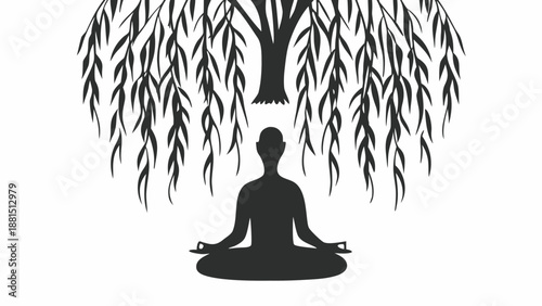 Serene silhouette of a person meditating under a majestic willow tree's lush canopy