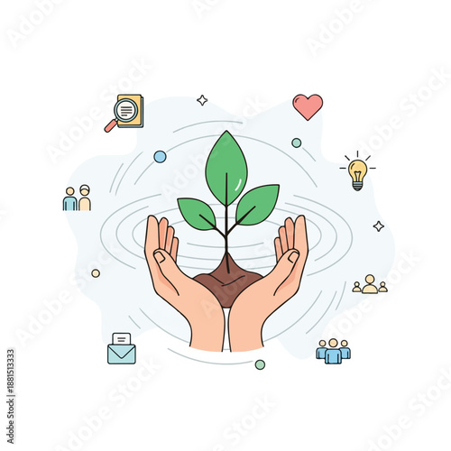 A graphic of hands cradling a plant surrounded by icons