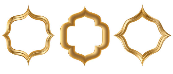 Three ornate Arabic golden frames on white, created AI, PNG