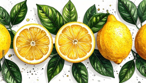Vibrant watercolor painting of lemons and leaves on a white background.