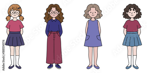 Cute girl character set flat vector illustration with different hairstyles outfits and simple cartoon style design