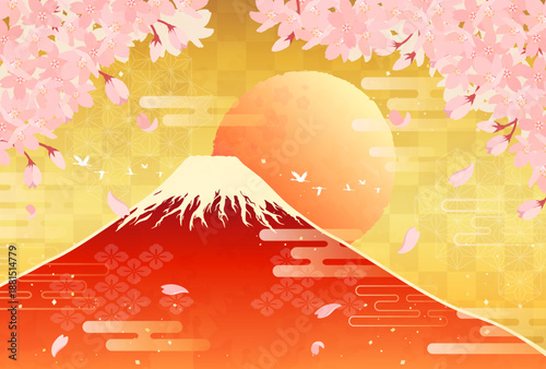 桜と赤富士と日の出のイラスト_横2