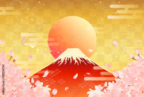 桜と赤富士と日の出のイラスト_横3