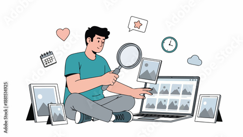 A man examines images on devices with a magnifying glass