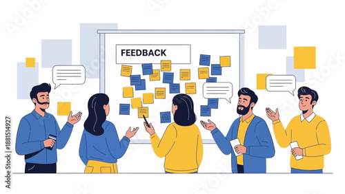 Team brainstorming feedback session, sticky notes on board, communication concept