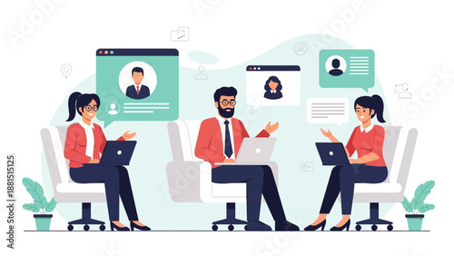 Diverse team collaborating remotely on laptops, virtual communication