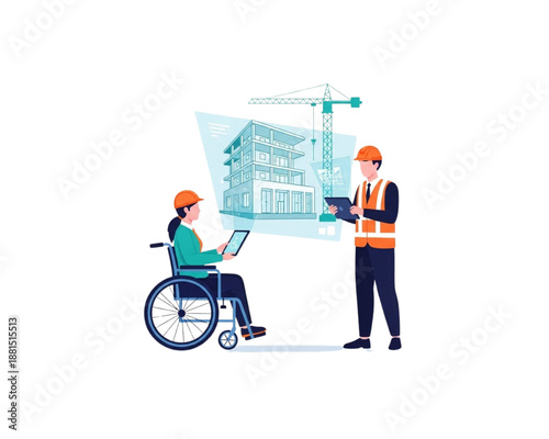 Disabled engineer in wheelchair using tablet for augmented reality planning. Construction team viewing holographic building model. Smart technology concept. Industrial flat vector illustration.