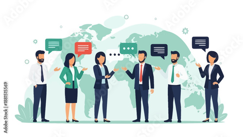 Global Business Meeting: Diverse People Discussing Ideas with World Map Background