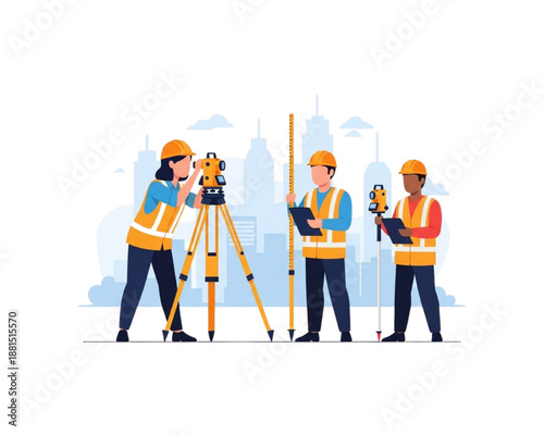 Land survey team working on construction site. Surveyors using theodolite and leveling rod to measure distance. Geodesy engineers with equipment in city. Industrial flat vector illustration.