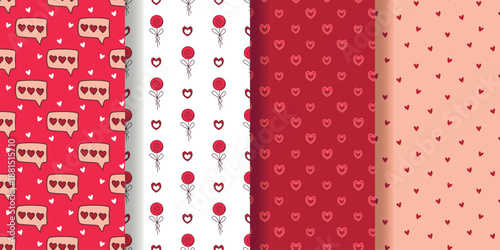 Set of cute seamless patterns on theme of love and romance. Backgrounds with hearts for weddings, Valentines Day and holidays. Prints for textiles, packaging, paper, design, vector graphics