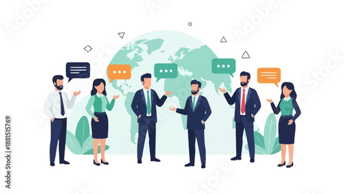 Global Business Team Discussing Ideas with Speech Bubbles and World Map