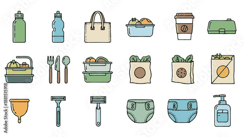 Collection of reusable eco-friendly products for daily life.