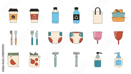 Collection of reusable and disposable everyday personal care and household items.