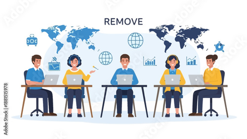 Global Business Team Working Remotely with Laptops and World Map Background