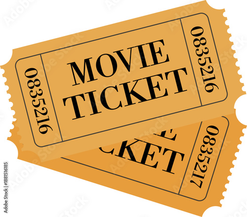 Two vintage-style yellow movie tickets with black typography and serial numbers, overlapping on a white background.