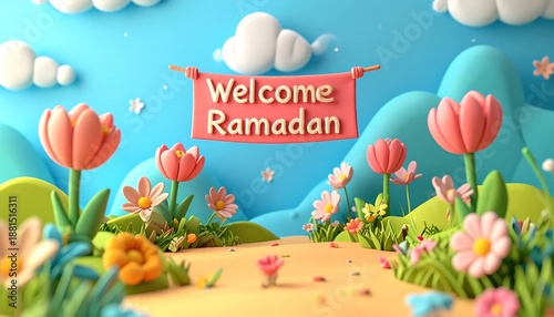 Welcome Ramadan - A Cheerful 3D Rendered Spring Landscape.