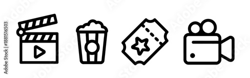 Cinema and entertainment icons in outline style vector set