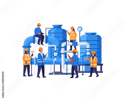 Industrial engineers working at water treatment plant, chemical laboratory team analyzing pipes and tanks system, factory maintenance concept, wastewater management process flat vector  illustration