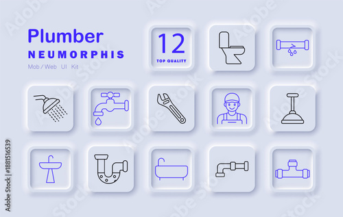 Plumber set icon. Toilet, tap, wrench, sink, pipe, shower, bathtub, plumber, plunger, leak, fitting, connector repair tools and bathroom systems with sanitation, water flow, service.