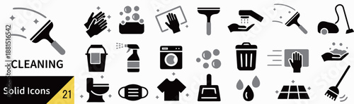 Cleaning solid icon set for housekeeping and hygiene