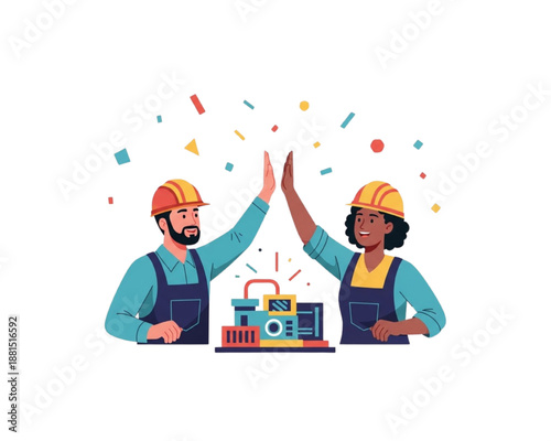 Happy construction workers high five celebrating success. Male and female engineers teamwork in factory with machinery. Industrial partnership concept. Flat vector illustration.