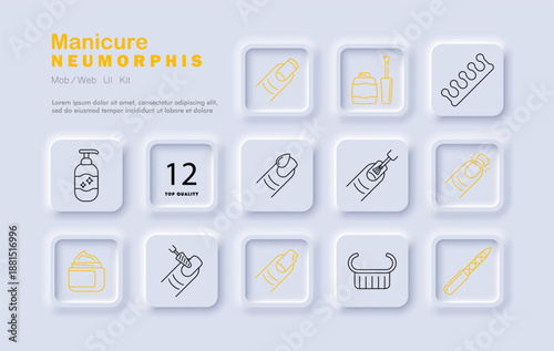 Manicure set icon. Personal care icons show nail polish, file, buffer, cuticle tool, hand, cream, bottle, toe separator, UV lamp, and nail drill with clear outlines.