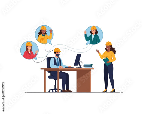 Construction manager video calling remote team on computer, engineer office meeting with colleague, industrial workforce communication concept, flat vector illustration.