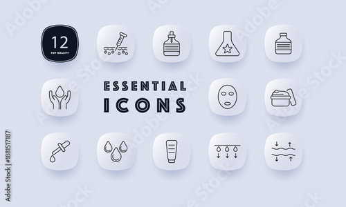 Skincare set icon. Dropper, serum bottle, lotion tube, face mask, cream jar, sparkles, moisture drops, hydration arrows, hands cupping drop drawn in cosmetic care outline style.