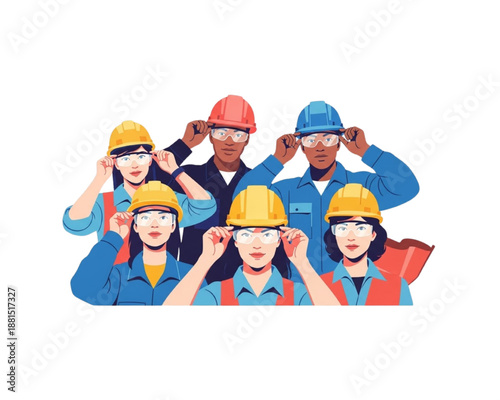 Diverse industrial workers team wearing hard hats and safety glasses, professional engineers group portrait, occupational health and safety concept, factory staff characters, flat vector illustration.