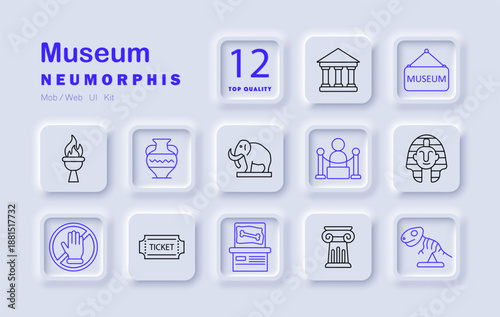 Museum set icon. Building, vase, mammoth, sarcophagus, column, torch, skeleton, ticket, exhibition, barrier, sign, artifact cultural place with ancient history, archeology, art, relics.