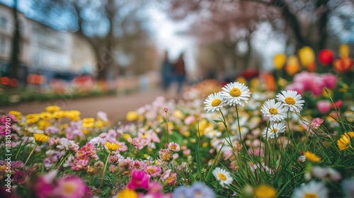 A field of flowers with a few yellow flowers in the foreground