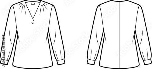 Technical Fashion Illustration of Women's Blouse with Gathered Neckline, Loop Detail, Long Sleeves, Front and Back Views
