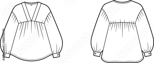 Technical Fashion Illustration of Women's Blouse with V-Yoke Detail, Gathered Sleeves, Flowing Silhouette, Front and Back Views