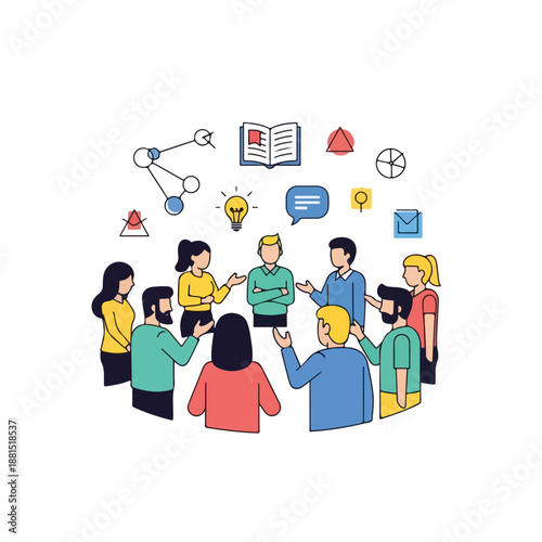 Illustration of people discussing around icons