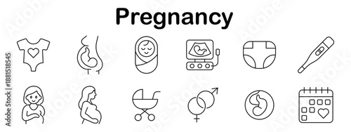 Pregnancy set icon. Line style icons showing pregnant women, baby, fetus, ultrasound, thermometer, calendar, stroller, diaper, and gender symbols