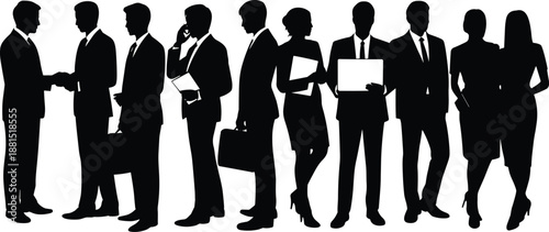 Business people silhouettes interaction, professional corporate team handshake meeting discussion isolated vector illustration design