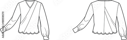 Technical Fashion Illustration of Wrap Blouse with V-Neckline, Scalloped Hem, Puff Sleeves, Front and Back Views