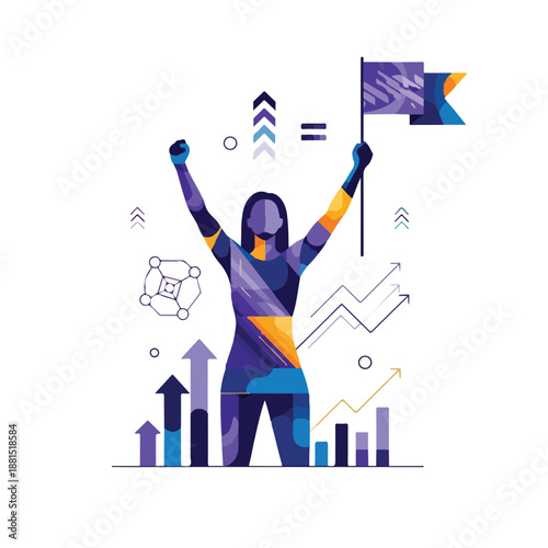 A woman celebrates with a flag in a colorful graphic