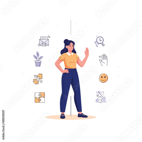 A woman surrounded by various icons