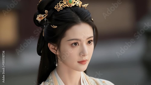 Close-up of elegant woman in ornate Hanfu dress