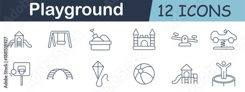 Playground set icon. Slides, swings, sandbox, castle, see-saw, spring car, basketball hoop, arch ladder, kite, beach ball, tower, and trampoline in child theme.