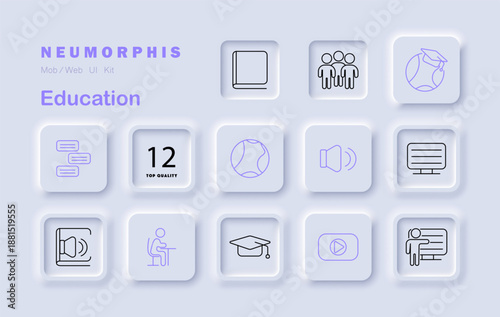 Education set icon. Displays chalkboard, desk, speaker, screen, teacher, graduation cap, chat bubbles, globe, video button, users, monitor, number badge
