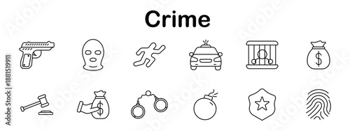 Crime set icon. Handgun, ski mask, crime scene, police car, jail cell, money bag, gavel, bribe, handcuffs, bomb, badge, fingerprint drawn in crime outline theme.