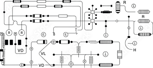 Electrical circuit schematic diagram illustration, detailed electronic wiring components symbols isolated vector design for education
