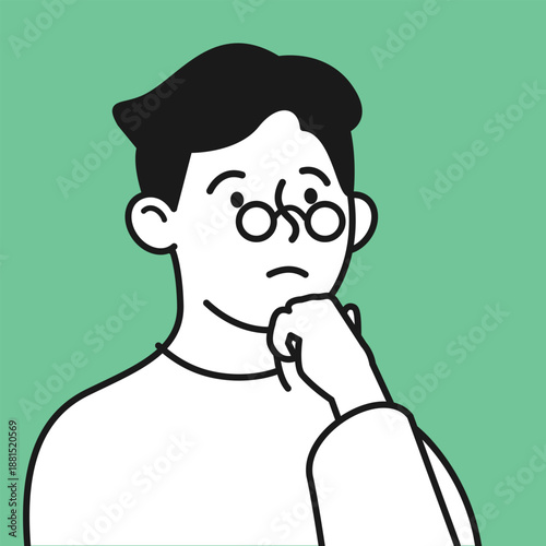 Thoughtful young male professional in modern line art style, confused and reflective man expressing decision making and uncertainty for web services, SaaS products and digital business communication
