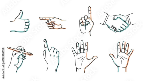 A collection of various hand gestures and positions, including thumbs up, pointing, holding a pen, and open palms, depicted in line art.