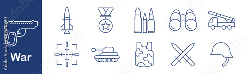 War set icon. Missile, tank, gun, soldier helmet, binoculars, explosion, radar, camouflage, armor, target, truck, bullet, weapon, military action.