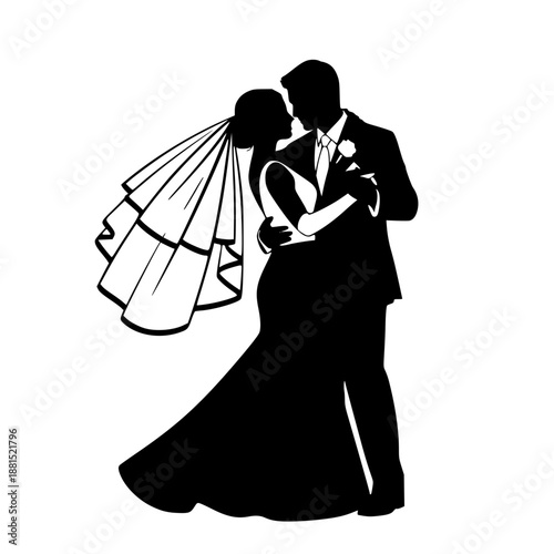 Romantic Newlywed Couple Dancing Together Silhouette