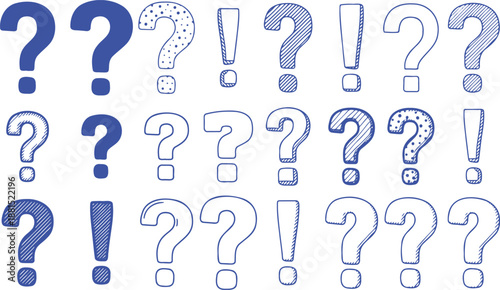 Exploring various blue question marks and exclamation marks representing inquiry and surprise