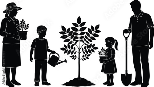 Family planting tree together silhouette illustration showing gardening teamwork environmental care parents children nature vector black white educational art design